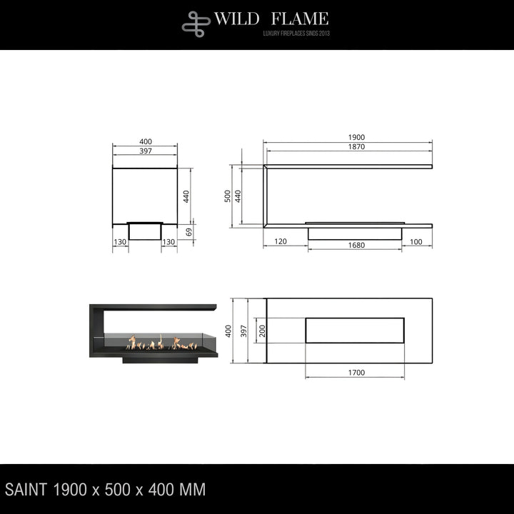 Dreiseitiger Bioethanol Einbaukamin U - SAINT 190
