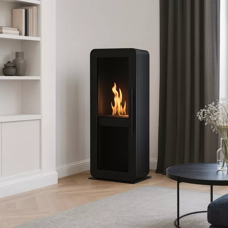 Freistehender Bioethanol Standkamin MALAGA in Schwarz mit Glastür, Bio Ethanol Standofen in modernen Wohnzimmer