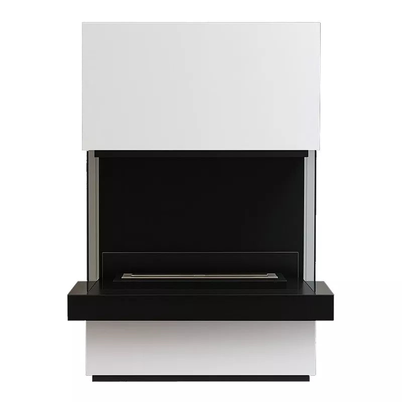 Freistehender Bioethanol Standkamin Standofen RIMINI XXL dreiseitig Raumteiler in Schwarz und Weiss mit Glas - Frontale Ansicht