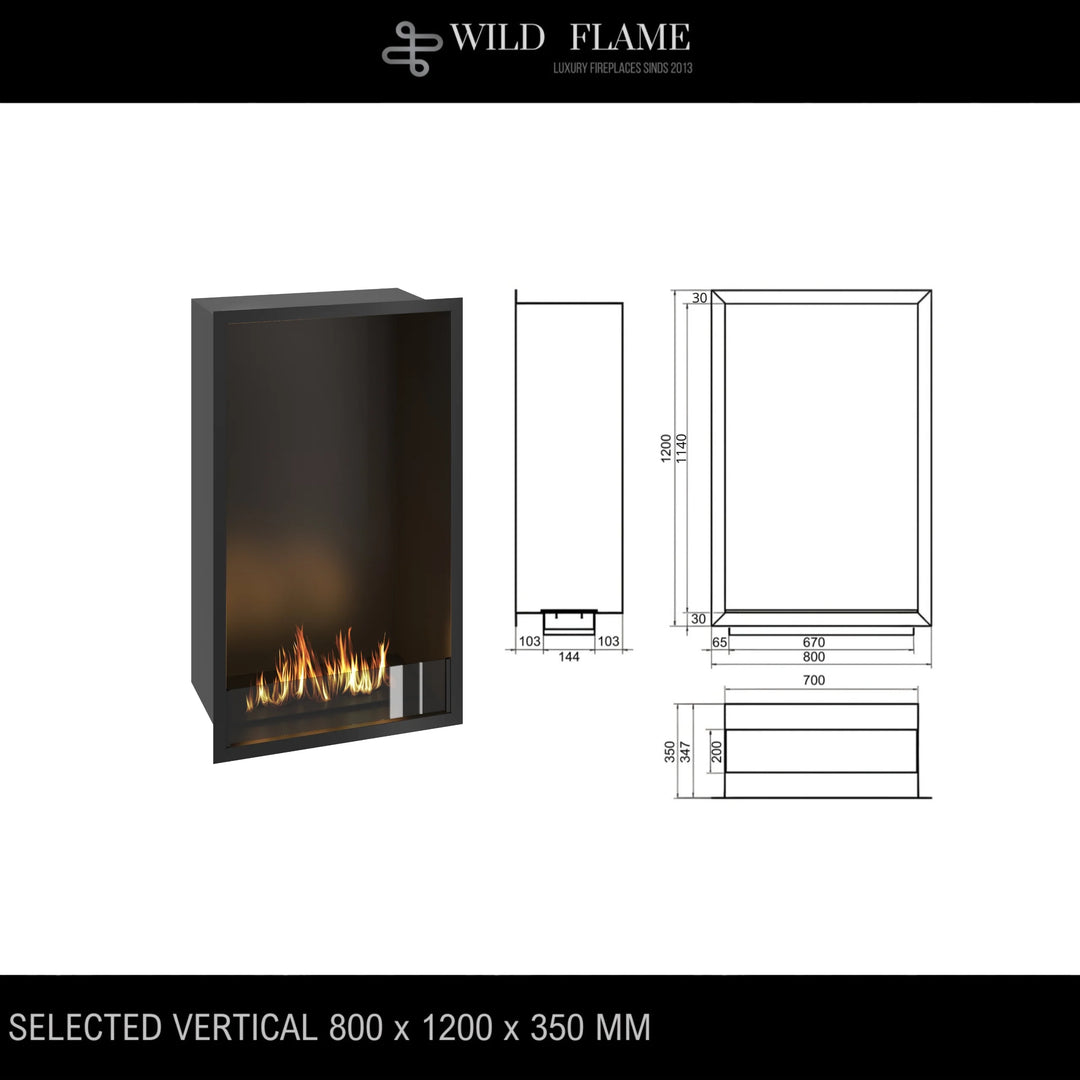 Technische Zeichnung für Bioethanol Einbau Kamin Ofen SELECTED Vertikal 80x120x35cm von Wild Flame